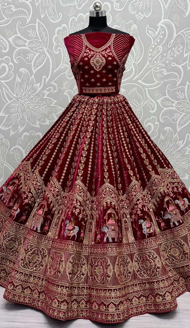 Pink Velvet Thread Work Wedding Wear Designer Lehenga Choli - 147741768