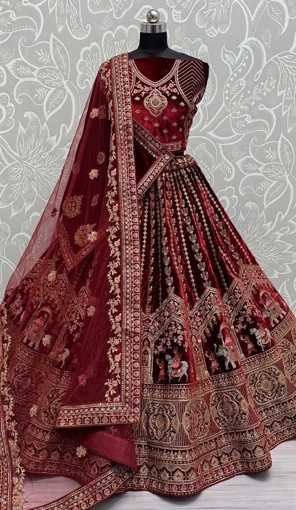 Velvet Maroon Thread Work Wedding Wear Designer Lehenga Choli - 147741769