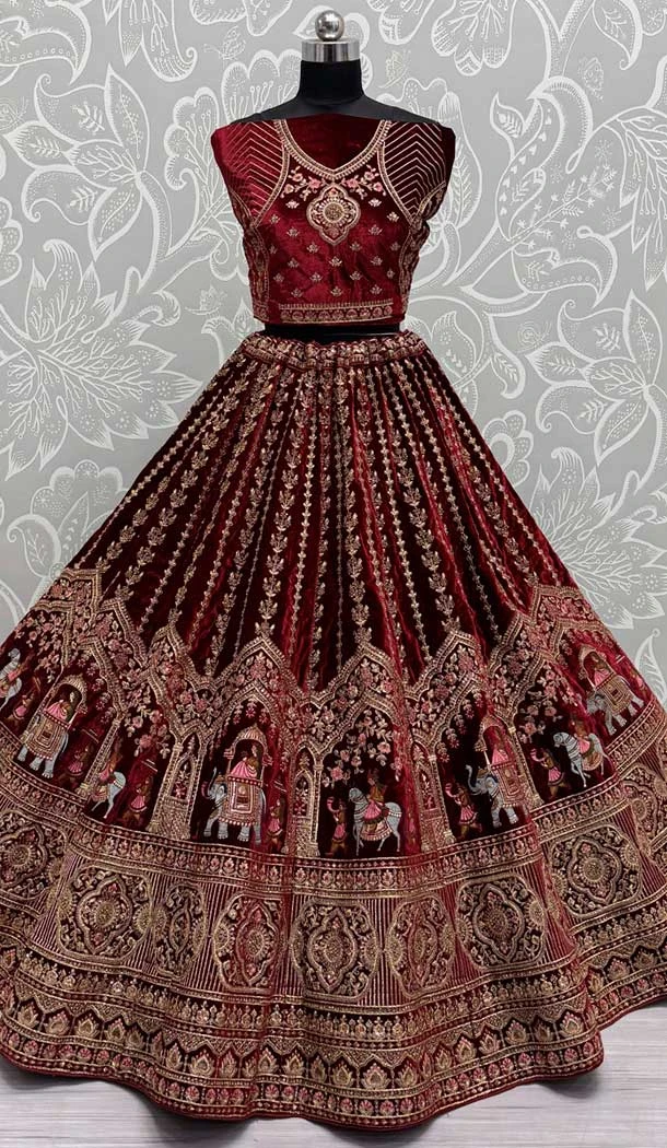 Velvet Maroon Thread Work Wedding Wear Designer Lehenga Choli - 147741769