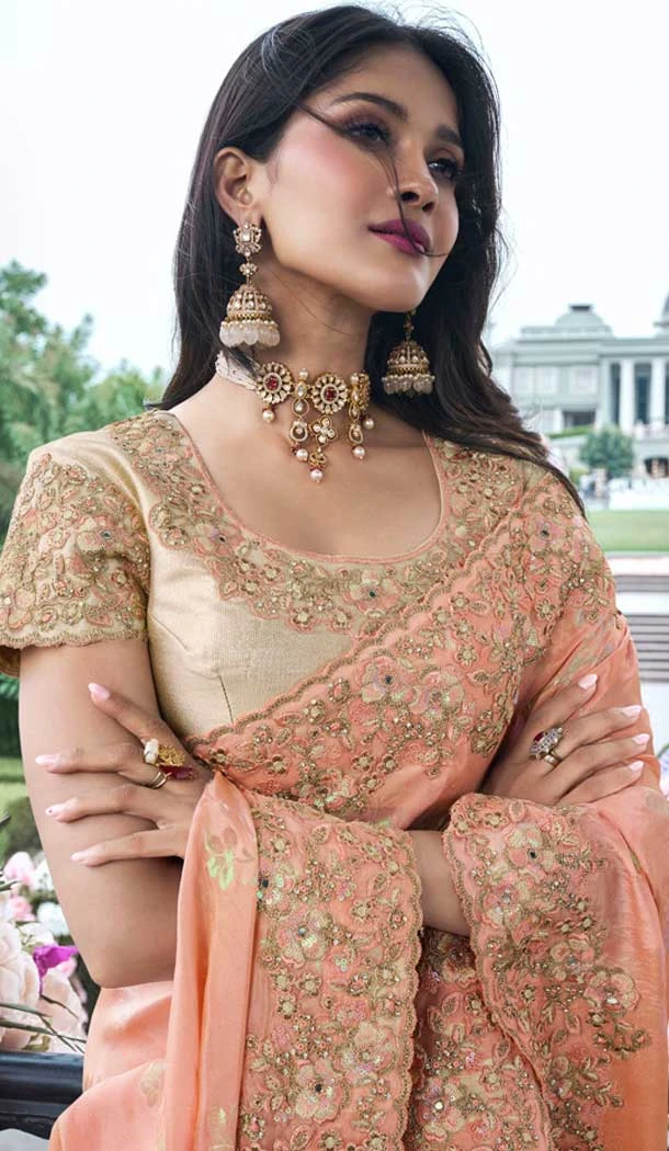 Tissue Silk Embroidered Wedding Wear Saree In Pink - 147861845