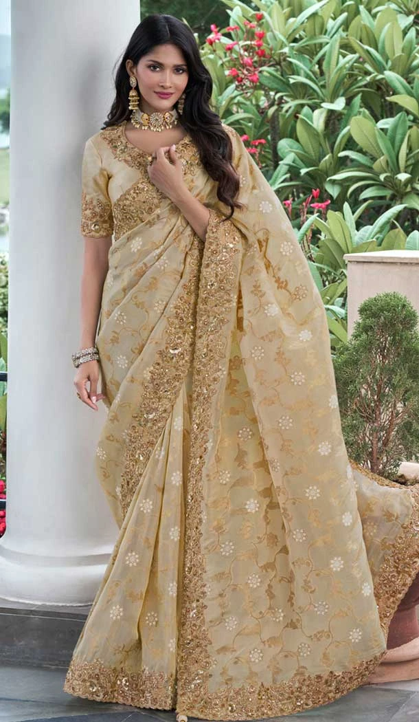 Tissue Silk Embroidered Wedding Wear Saree In Beige - 147861846 Tissue Silk Embroidered Wedding Wear Saree In Beige - 147861846