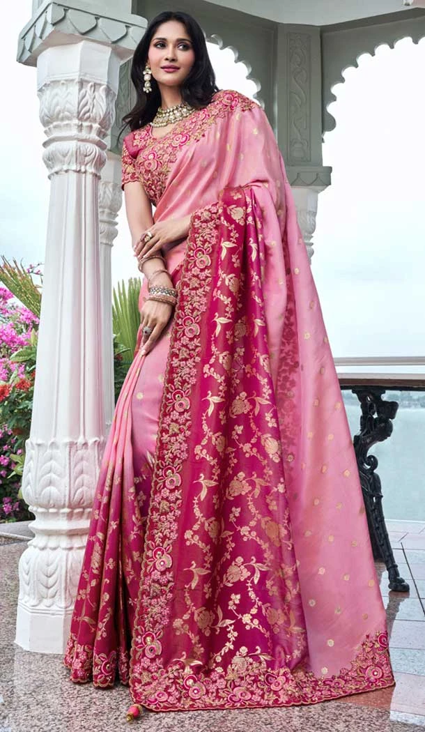 Pink Tissue Silk Embroidered Wedding Wear Saree - 147861847