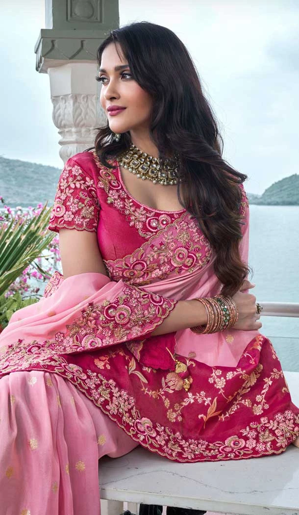 Pink Tissue Silk Embroidered Wedding Wear Saree - 147861847
