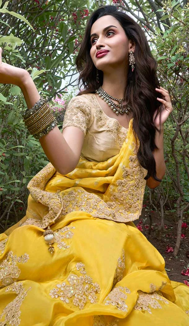 Tissue Silk Embroidered Wedding Wear Saree In Yellow - 147861849