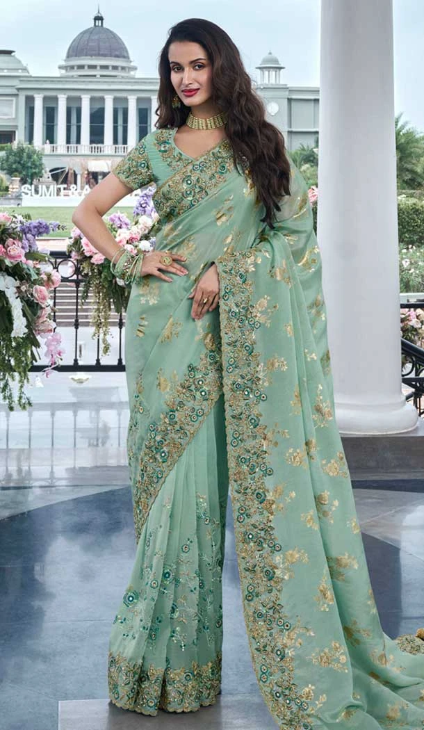 Tissue Silk Embroidered Wedding Wear Saree In Green - 147861850