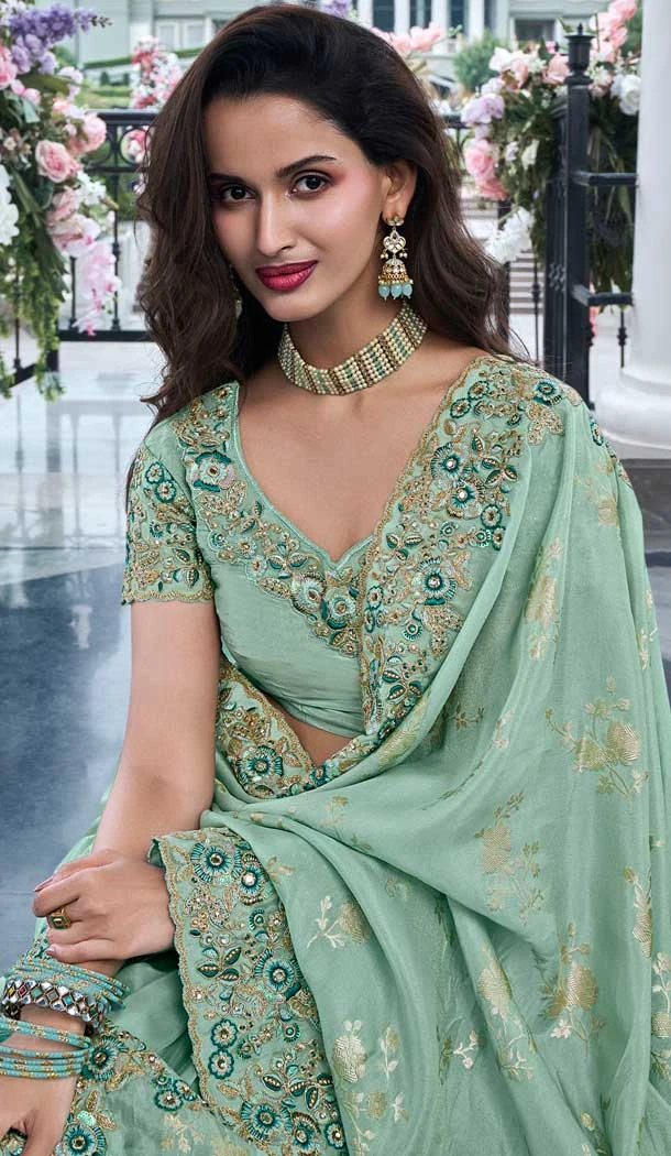 Tissue Silk Embroidered Wedding Wear Saree In Green - 147861850