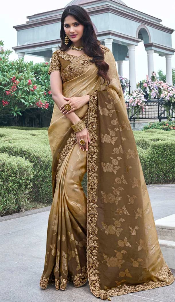 Tissue Silk Embroidered Wedding Wear Saree In Brown - 147861851