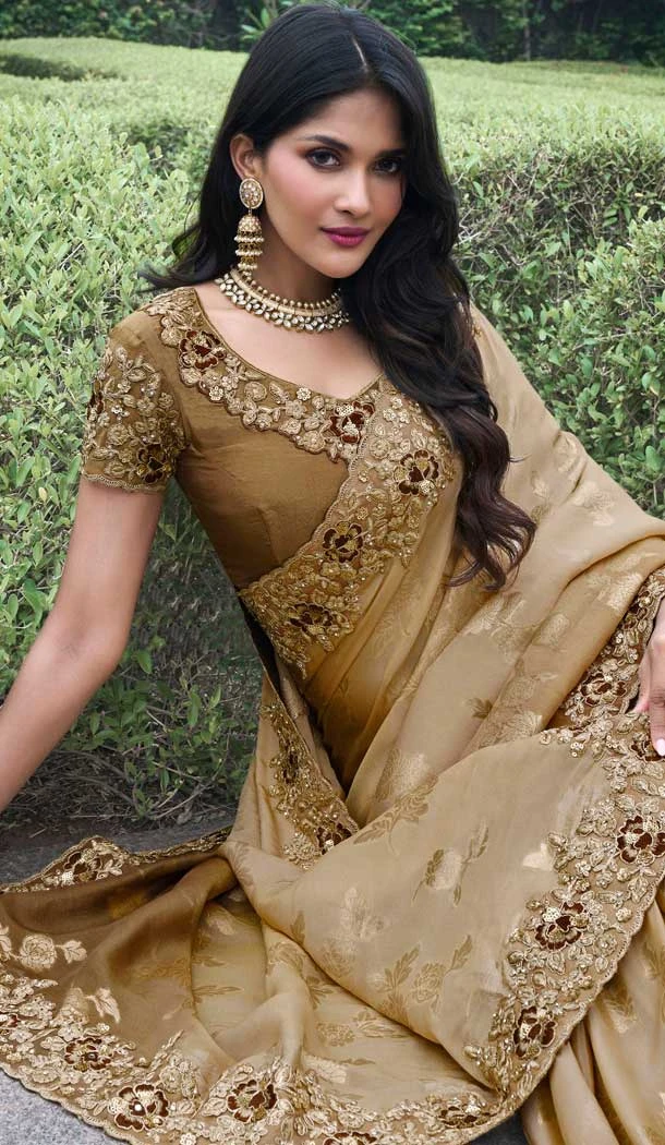 Tissue Silk Embroidered Wedding Wear Saree In Brown - 147861851
