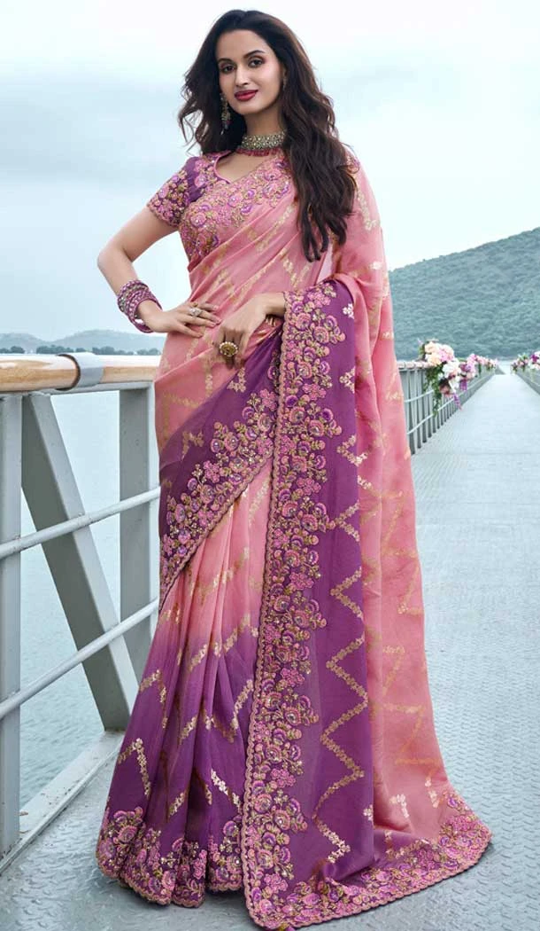 Tissue Silk Pink Embroidered Wedding Wear Saree - 147861852