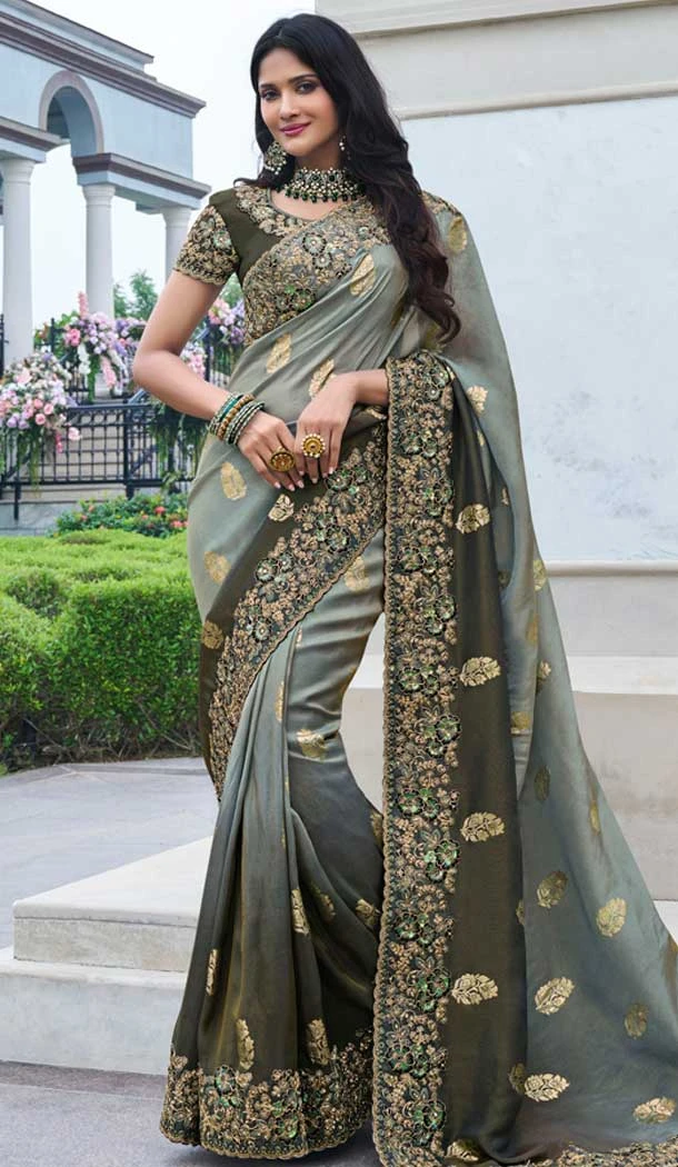 Tissue Silk Embroidered Wedding Wear Saree In Grey - 147861853 Tissue Silk Embroidered Wedding Wear Saree In Grey - 147861853