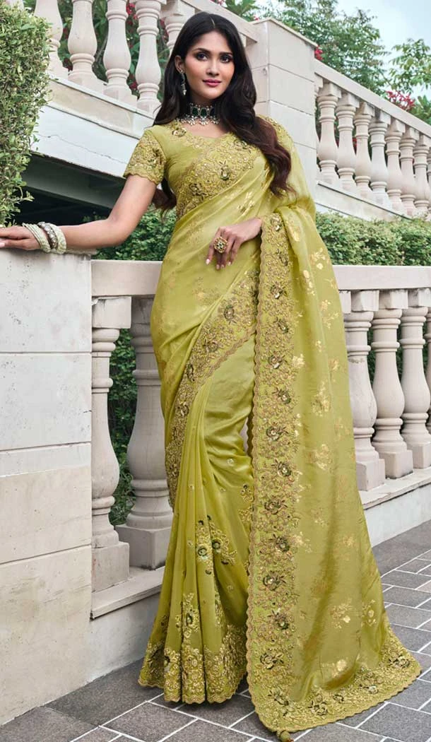 Yellow Tissue Silk Embroidered Wedding Wear Saree - 147861854