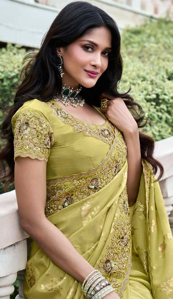 Yellow Tissue Silk Embroidered Wedding Wear Saree - 147861854