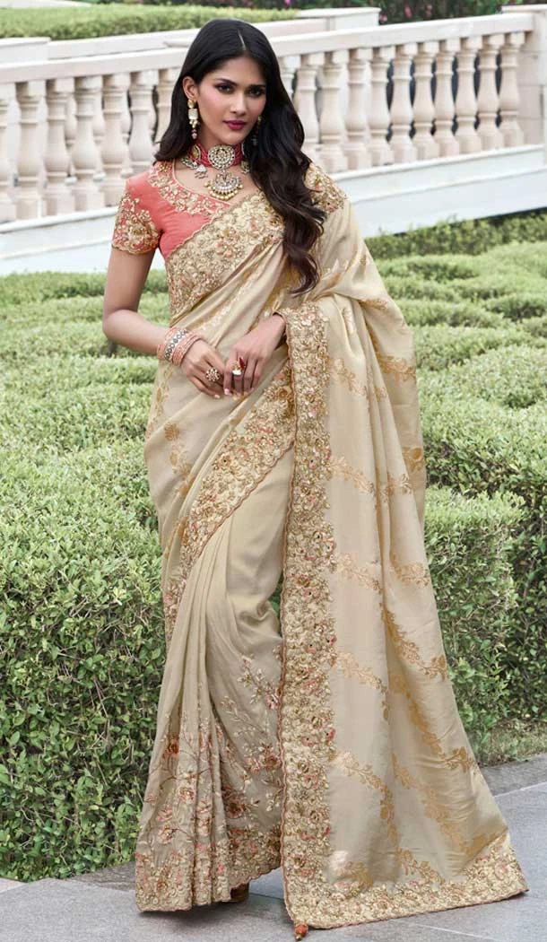 Tissue Silk Beige Embroidered Wedding Wear Saree - 147861855