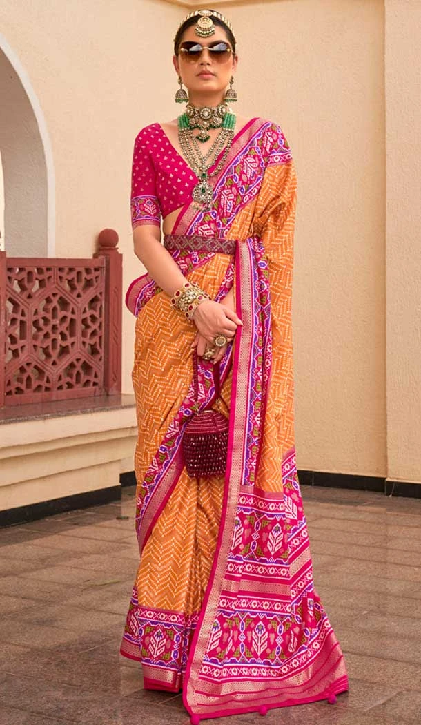 Orange Silk Patola Printed Traditional Party Wear Saree - 147871860