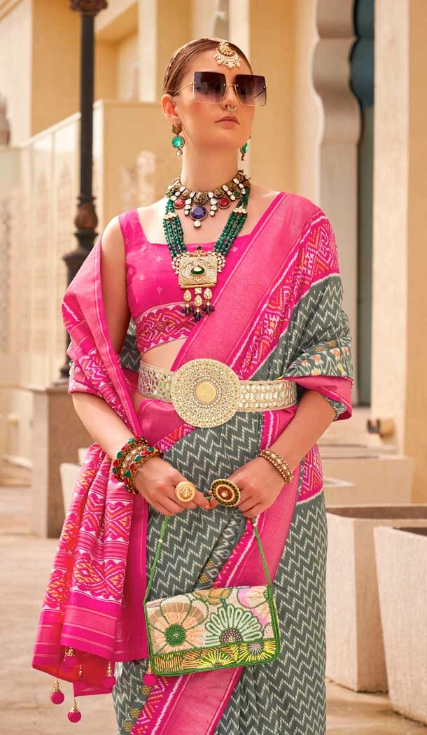 Grey Silk Patola Printed Traditional Party Wear Saree - 147871861