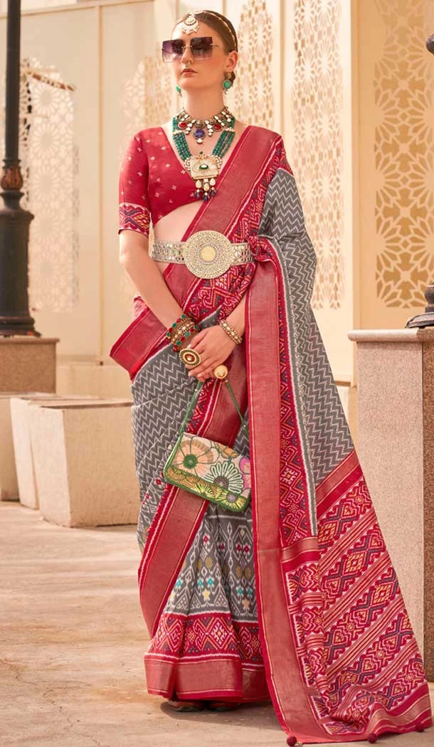 Silk Patola Printed Traditional Party Wear Saree In Grey - 147871863