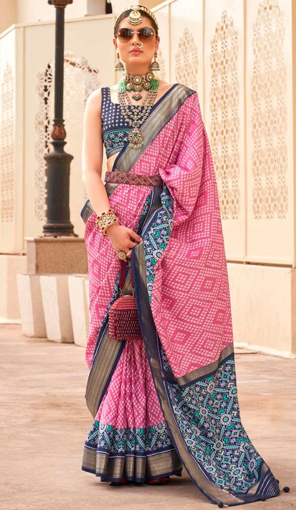 Silk Patola Printed Traditional Party Wear Saree In Pink  - 147871865
