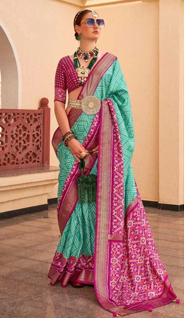 Silk Patola Printed Traditional Party Wear Saree In Sea Green  - 147871867