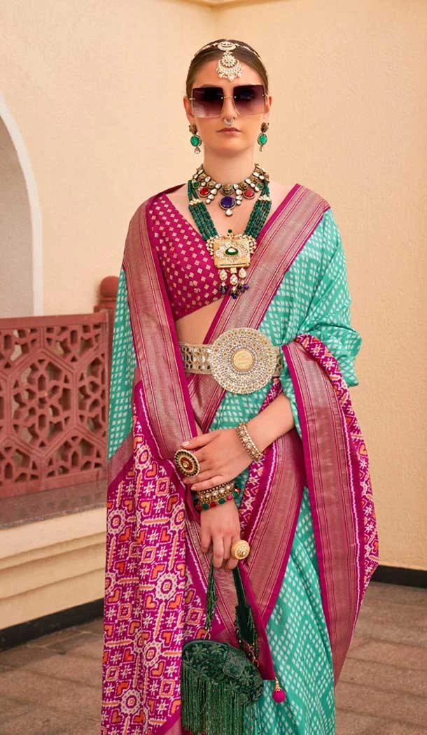 Silk Patola Printed Traditional Party Wear Saree In Sea Green  - 147871867