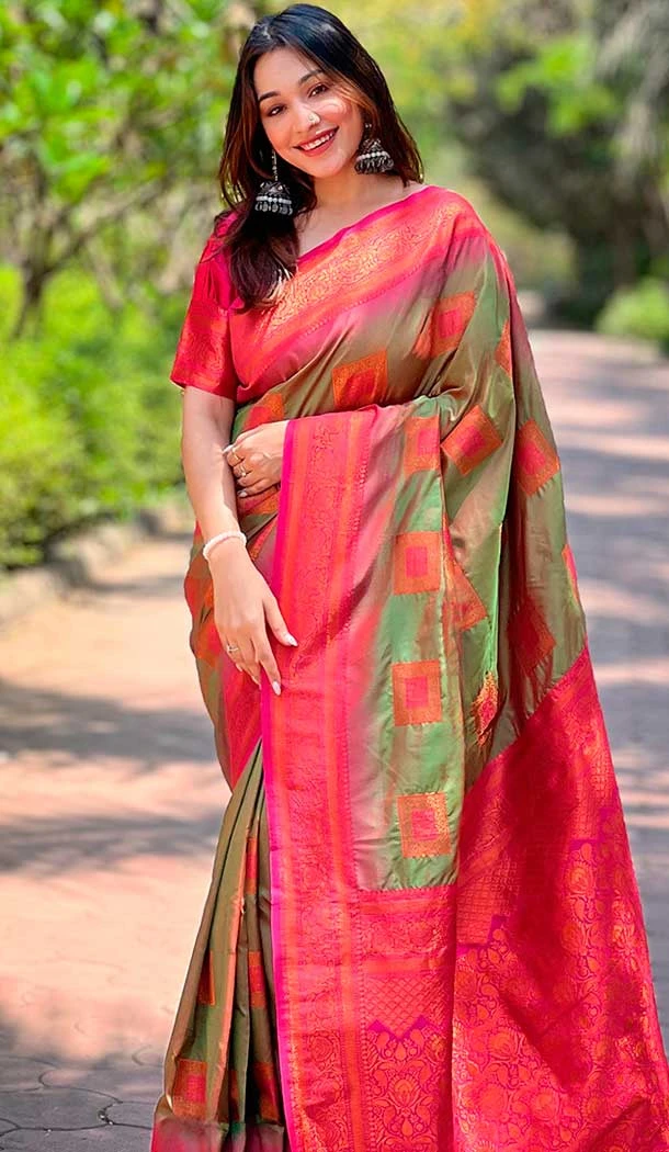 Soft Silk Meenakari Work Party Wear Saree In Mahendi Green - 147911891