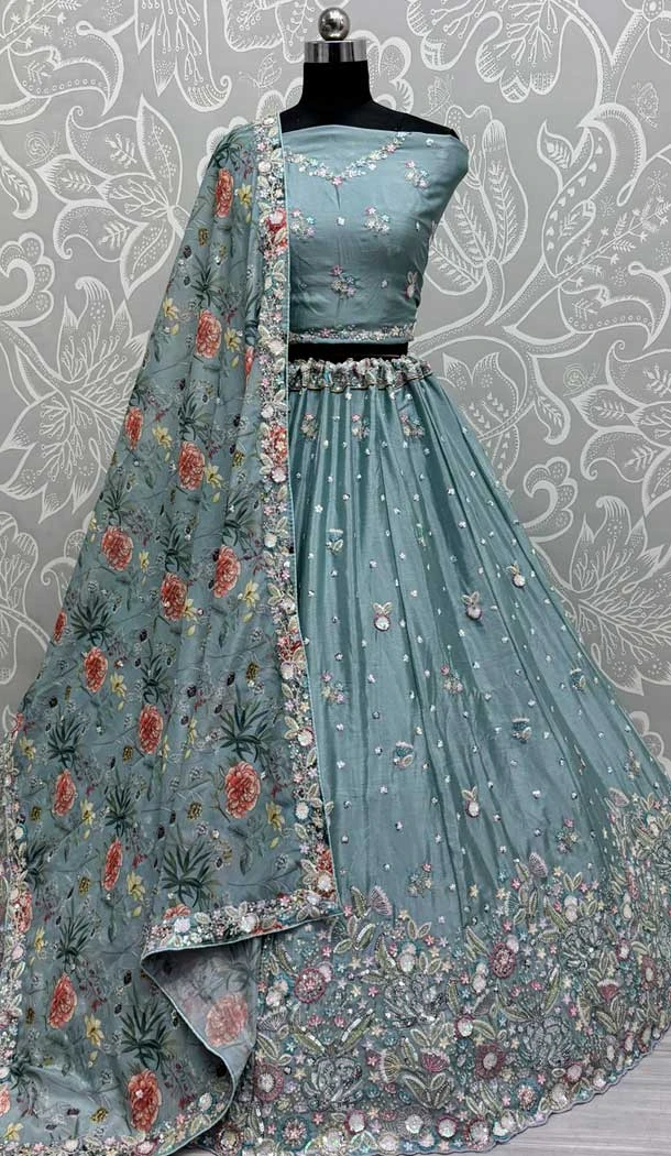 Grey Chinon Embroidered Designer Wedding Lehenga Choli - 147961919