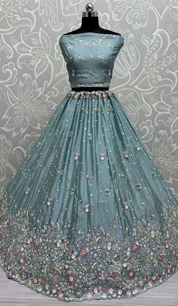 Grey Chinon Embroidered Designer Wedding Lehenga Choli - 147961919