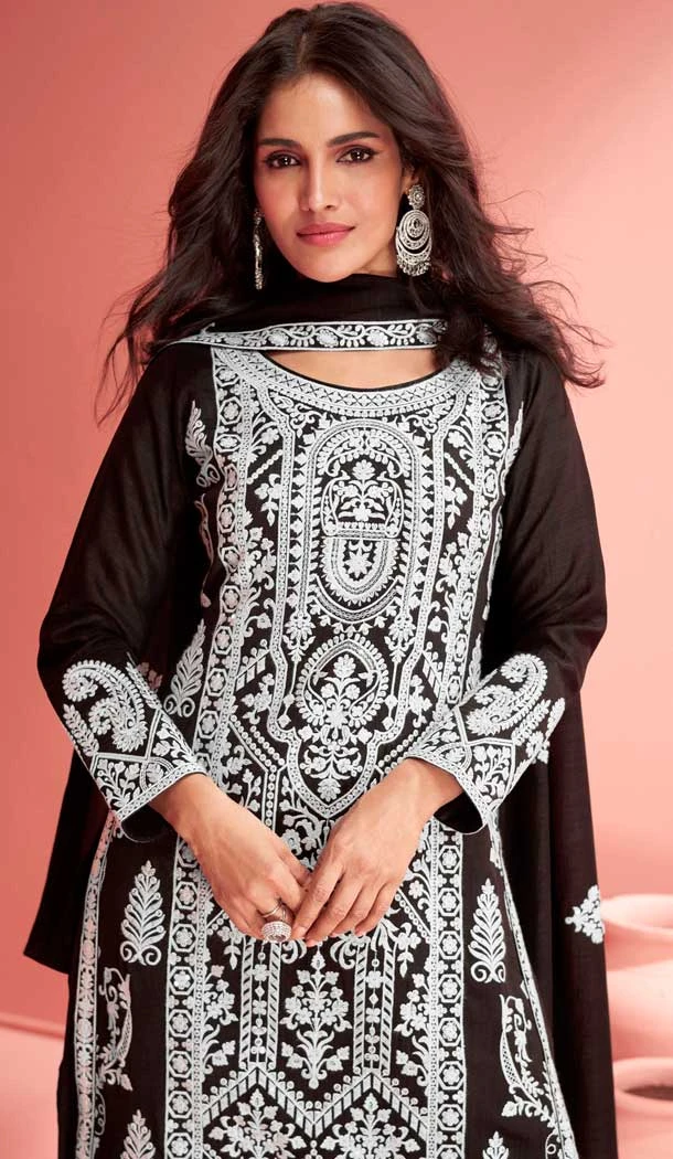 Black Georgette Embroidered Pakistani Palazzo Salwar Kameez - 9674188776