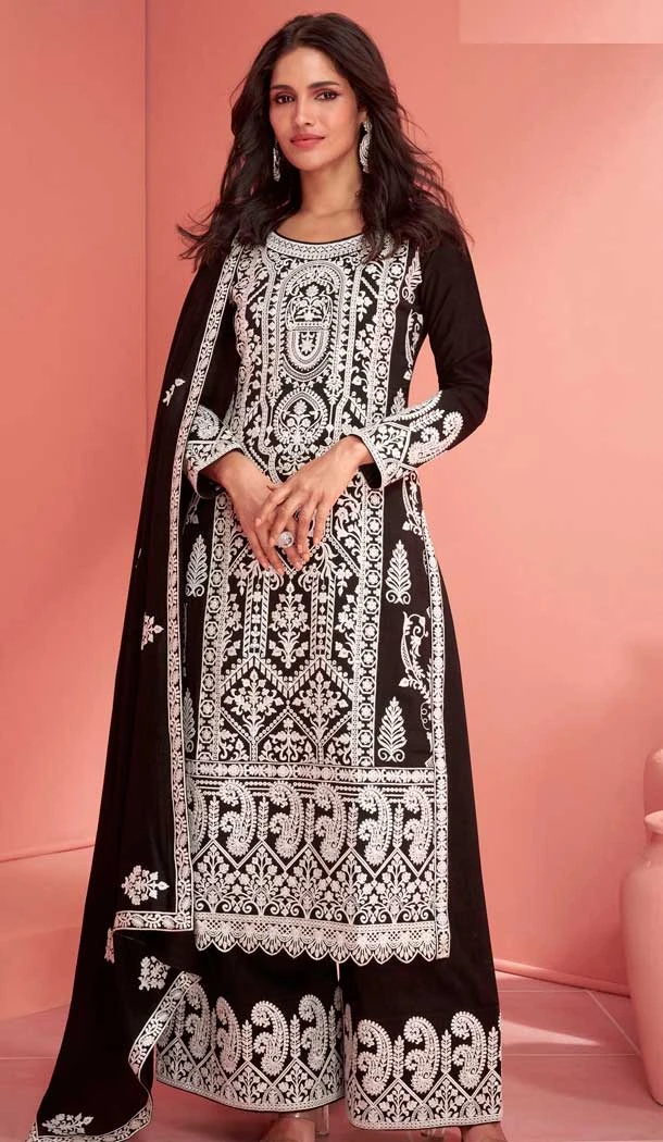 Black Georgette Embroidered Pakistani Palazzo Salwar Kameez - 9674188776