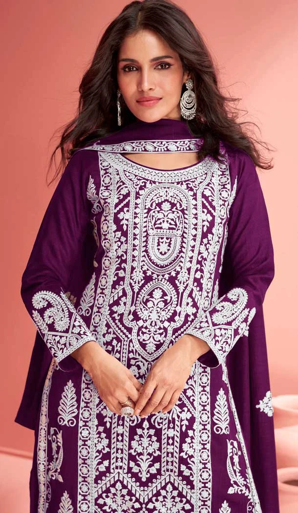 Purple Georgette Embroidered Pakistani Palazzo Salwar Kameez - 9674188777