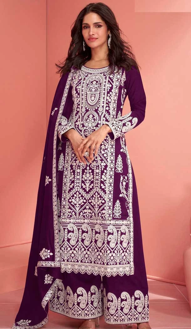 Purple Georgette Embroidered Pakistani Palazzo Salwar Kameez - 9674188777