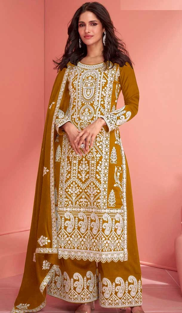 Mustard Georgette Embroidered Pakistani Palazzo Salwar Kameez - 9674188778