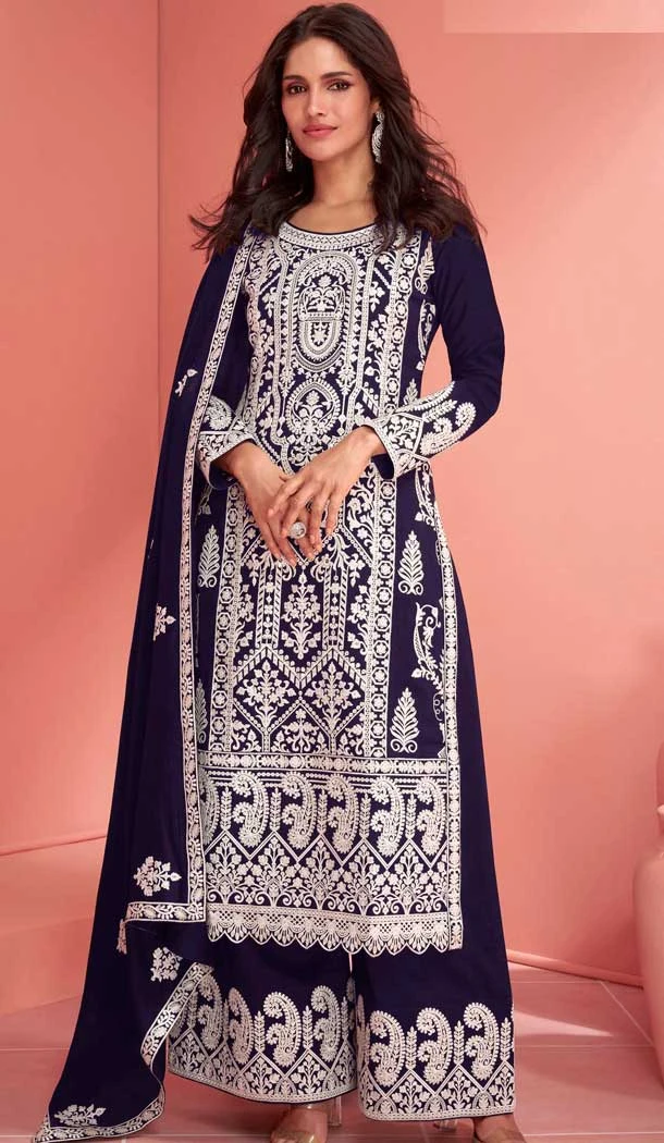 Blue Georgette Embroidered Pakistani Palazzo Salwar Kameez - 9674188779