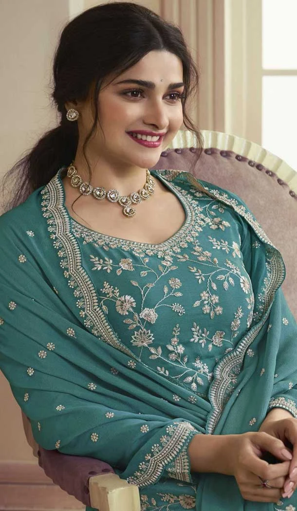 Sky Blue Color Chinon Embroidered Prachi Desai Sharara Suit - 9676188787