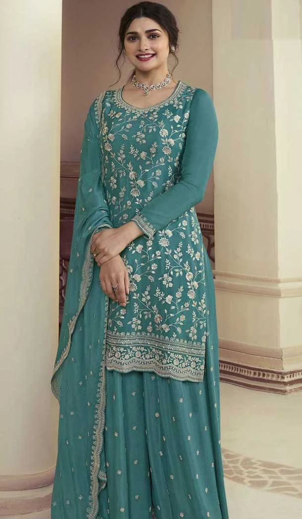 Sky Blue Color Chinon Embroidered Prachi Desai Sharara Suit - 9676188787