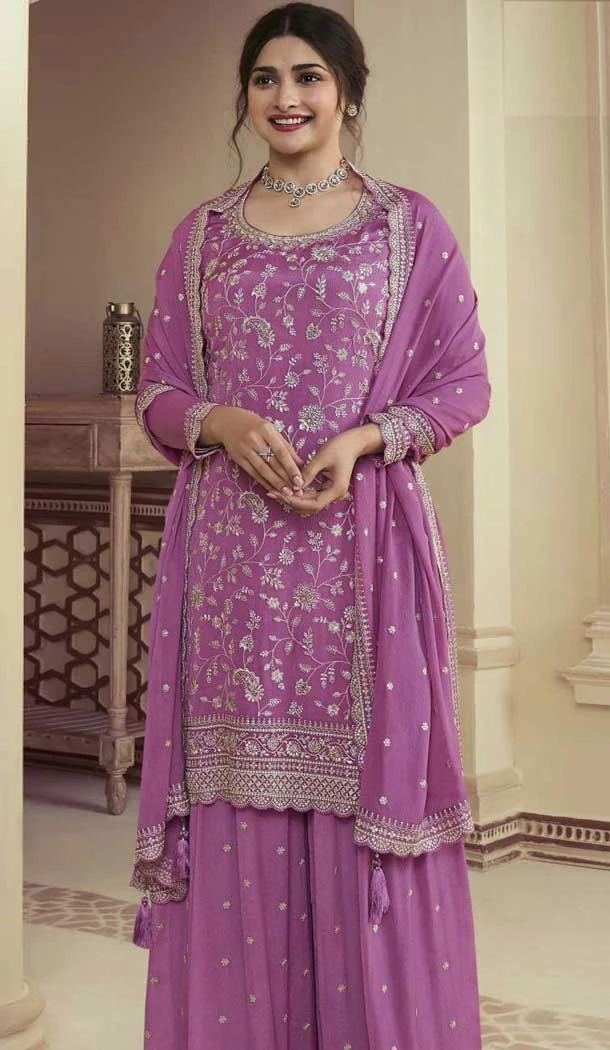 Purple Chinon Embroidered Prachi Desai Sharara Suit - 9676188791
