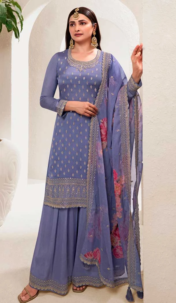 Violet Chinon Embroidered Party Wear Prachi Desai Sharara Suit - 9686188859