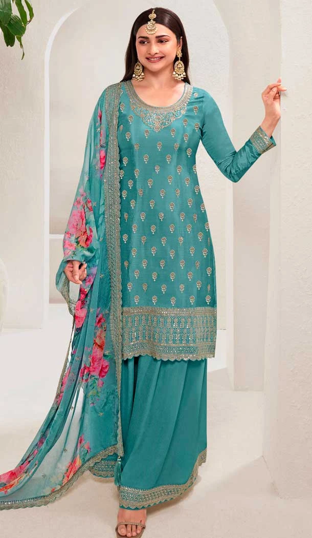 Sky Blue Chinon Embroidered Party Wear Prachi Desai Sharara Suit - 9686188862