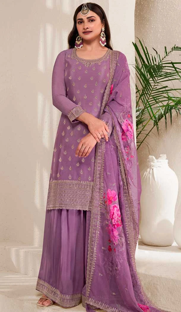 Purple Chinon Embroidered Party Wear Prachi Desai Sharara Suit - 9686188864
