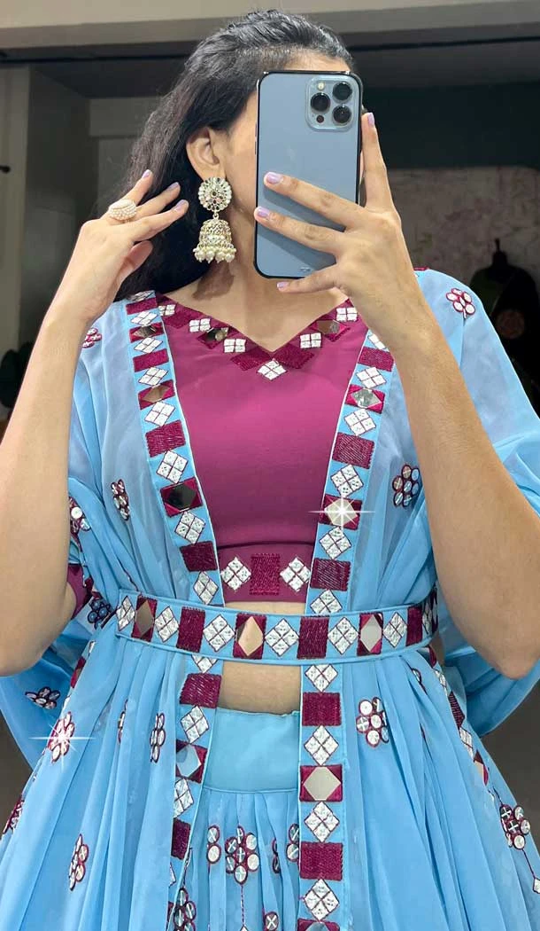 Georgette Sequins Work Party Wear Lehenga Choli In Sky Blue - 9706188947