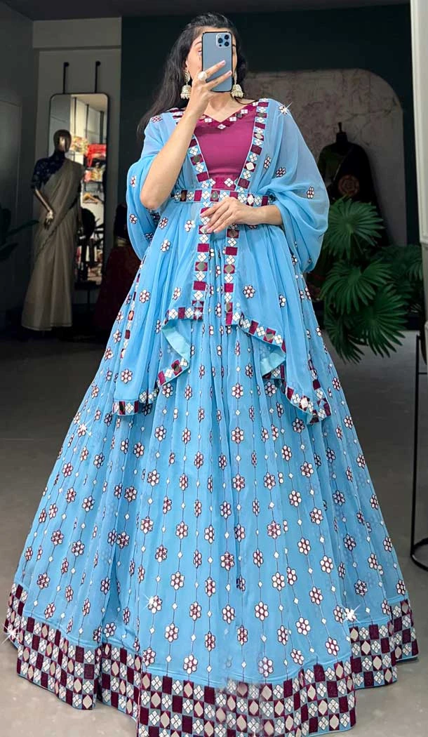 Georgette Sequins Work Party Wear Lehenga Choli In Sky Blue - 9706188947