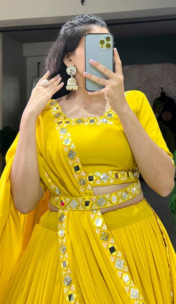 Georgette Sequins Work Party Wear Lehenga Choli In Yellow - 9706188948