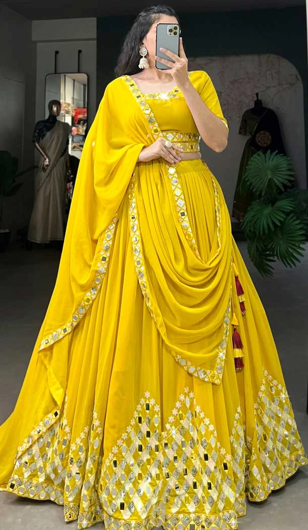 Georgette Sequins Work Party Wear Lehenga Choli In Yellow - 9706188948