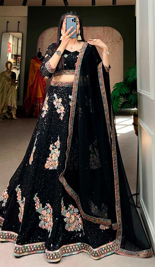 Georgette Sequins Work Party Wear Lehenga Choli In Black - 9706188949