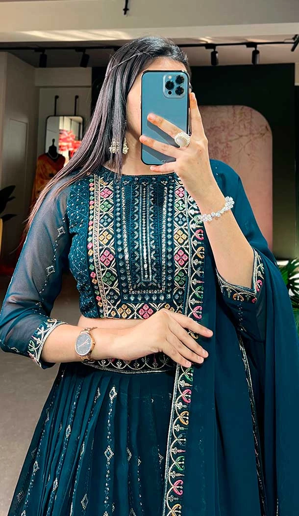 Georgette Sequins Work Party Wear Lehenga Choli In Navy Blue - 9706188950