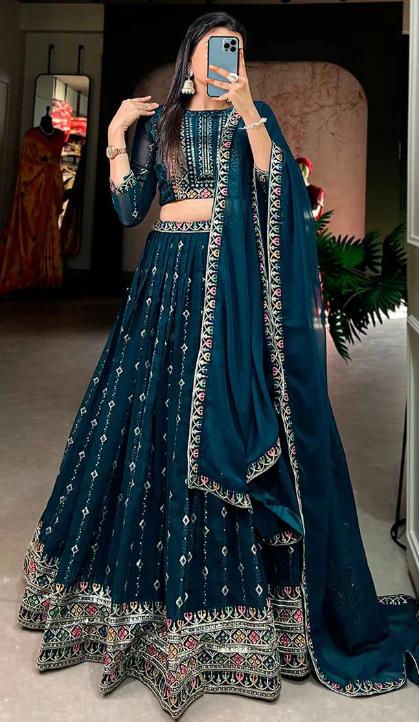 Georgette Sequins Work Party Wear Lehenga Choli In Navy Blue - 9706188950