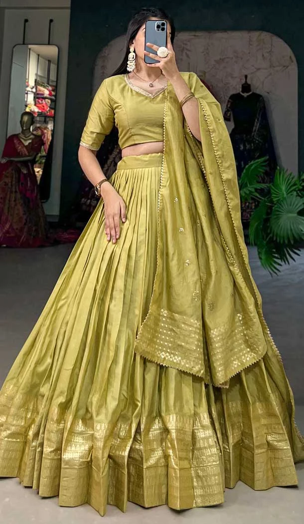 Pure Chanderi Weaving Work Navratri Wear Lehenga Choli In Pista Green - 9707188954