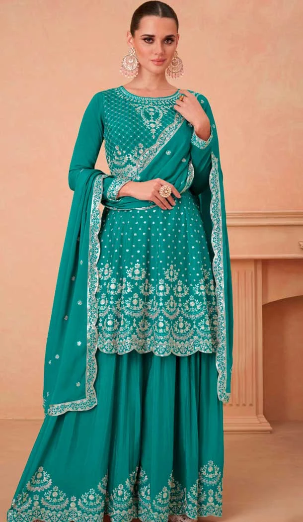 Sea Green Chinon Silk Embroidered Readymade Sharara Suit - 9727189106