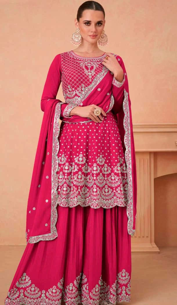 Fuchsia Chinon Silk Embroidered Readymade Sharara Suit - 9727189108