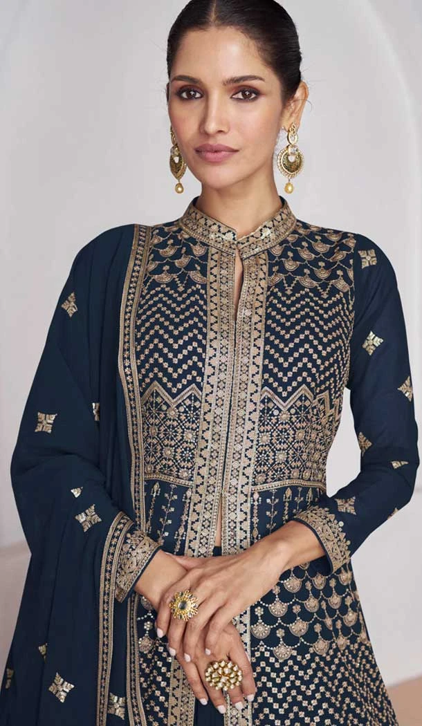 Georgette Embroidery Work Anarkali Style Salwar Suit In Navy Blue - 9728189109