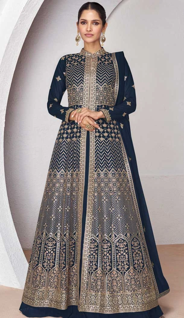Georgette Embroidery Work Anarkali Style Salwar Suit In Navy Blue - 9728189109
